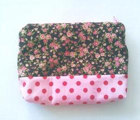 Pink Floral and Polka Dots Print Zipper Pouch (medium)