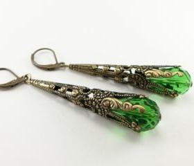 Green Earrings Victorian Style Steampunk Earrings Antiqued Brass