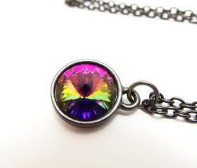 Rainbow Necklace Dark Rainbow Jewelry Crystal Dark Silver Gunmetal Rivoli