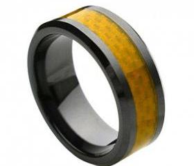 Ceramic Ring 'FREE ENGRAVING' Wedding Yellow Carbon fiber Inlay Band MMCR242 8mm Black Ceramic engagement ring