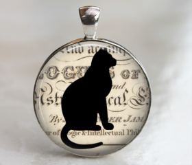 unisex silhouette black cat 25mm glass necklace keychain shadow outline