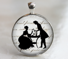 silhouette vintage victorian couple 25mm necklace or keychain black shadow