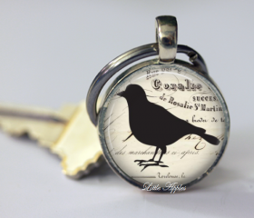 Unisex gift vintage antique ephemera silhouette black bird necklace or keychain