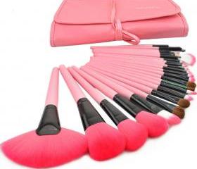 Brand New 24 Pcs/Set Makeup Brush Cosmetic Set Kit Packed In High Quality Leather Case - Pink
