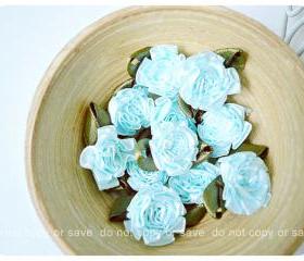 10 Ribbon ruffle flower with leave flower / pack 