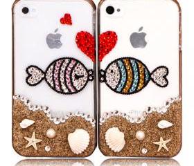 Lovers Kissing Fishes Rhinestone Case