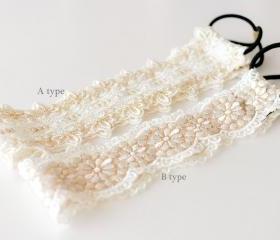 Nature Ivory cotton with gold stitched lace elastic headband,wedding,Choose one type