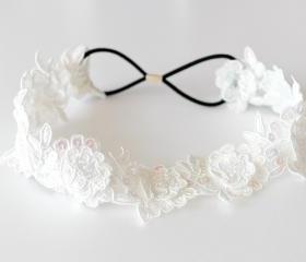 White flower sequin lace elastic headband for bridal