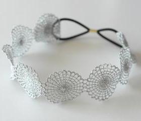 Silver metallic circle lace elastic headband for bridal