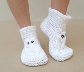 Owl Slippers,White Slippers, Knit Slippers,House Slippers,Unisex