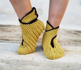 Knit Slippers, Mustard Yellow with Brown finish Slippers,Slippers with Brown Buttons, House Slippers,Unisex