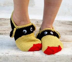 Knit Funny Animals Slippers, Mustard Yellow Red Brown Slippers, House Slippers,Unisex
