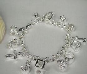 Lovely .925 Sterling Silver Heart & Ring Multi Charm Crystal Bracelet