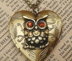 Steampunk Gold Owl Heart Locket Necklace Vintage Style Original Design