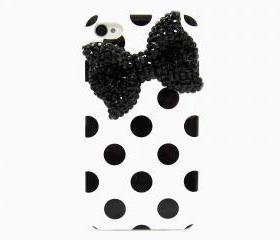 Bling Crystal Polka Dot White Black iphone 4 Case, iphone 4G Black Bow Case, iphone 4 Bow Case, iphone 4S Case Cover A1