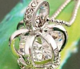 Silver Tone Crystal Crown Pendant Necklace 