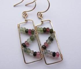 14K Gold filled Wire Wrapped Watermelon Tourmaline Earrings, Gold Watermelon Tourmaline Eariings, Mother of the Bride and Groom Gift