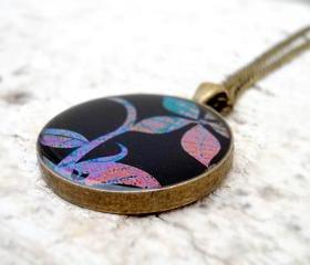 Cute Floral Necklace in dark blue purple green, Garden Pendant, trendy