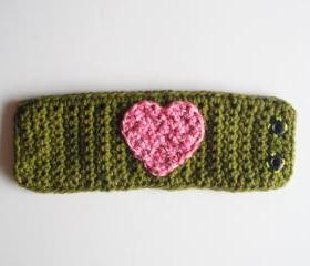 Olive Green Cotton Crochet Cuff Bracelet with Pink Heart, ready to ship.