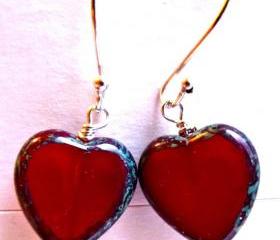Czech Picasso glass red hearts. Bali sterling silver. Heart earrings. Glass Beads Heart. Valentines day. Oxblood Red Picasso