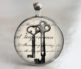 keys ephemera sketch drawing vintage glass necklace or keychain