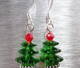 Swarovski Crystal Christmas Tree Earrings, Fern Green Earrings, Christmas Earrings