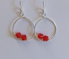 Sterling Silver Red Swarovski Crystal Hook Earrigs, Red Earrings, Silver Dangle Earrings, Bridesmaid Gift