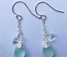 Sterling Silver Aqua Blue Chalcedony Earrings, Sterling Silver Crystal Quartz Earrings, Mother of the Bride & Groom Gift