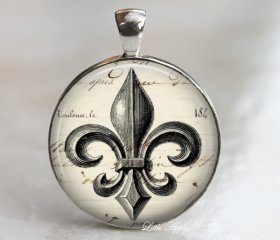 vintage fleur de lis french lily flower glass necklace or keychain
