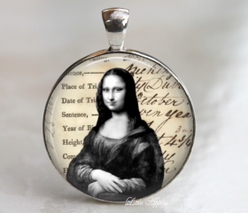 mona lisa printed on vintage style paper glass necklace keychain art