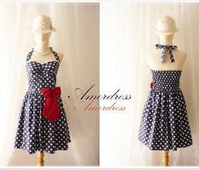 Navy with White Dot Party Dress // Cocktail // Birthday // Anniversary // Homecoming // Cheerful Every Day Party Dress...Once Upon A Time