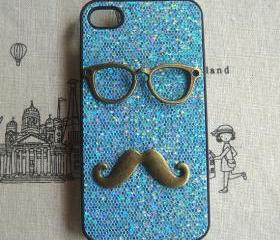 Steampunk Glasses Mustache Blue bling glitter hard case For Apple iPhone 4 case iPhone 4s case cover