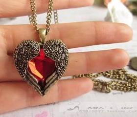 Vintage Red Rhinestone Wing Heart Necklace Coat Chain