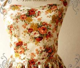 Flower Dress Amor Vintage Inspired Romantic Autumn Tangerine Rose Garden Dress Neck Tie Style - Once Upon A Time- Size S-