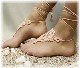 Peach Barefoot sandals handmade 100% cotton great for beach wedding summer slave sandals foot jewelry resort wear Catherine Cole BF-3