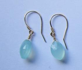 14K Gold Aqua Blue Chalcedony Earrings, Gold Dangle Earrings, Blue Earrings, Bridesmaid Gift