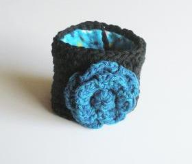 Black Cotton Crochet Cuff Bracelet with Blue Rose, ready to ship.