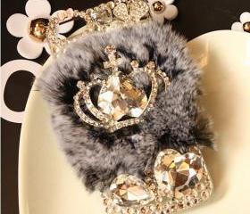 Warm Soft Fur Feather Crystal IPhone 4 Lace Flower Crystal Case Iphone 4s Case Iphone Hard Case Iphone Cover Bling Case Gem