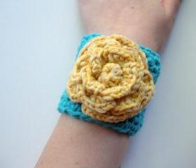 Crochet Cotton Cuff Bracelet in Turquoise with Yellow Rose, ready to ship.