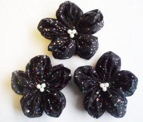 Black with Sequin Flowers Handmade Appliques Embellishments(3 pcs)