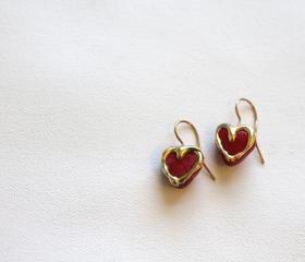 Heart Earrings, Drop Earring, Valentines Day, Pink, Gold Embossed