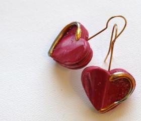 Heart Earrings, Drop Earring, Valentines Day, Pink, Gold Embossed