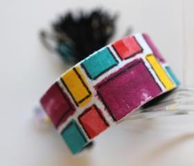 Mondrian, Friendship Bracelet, Hand Painted, Stack Bracelets, Upcycled, tassel, beads, Boho, Gypsy, Hippie