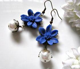 Navy Blue Iris With White Glass Pearls Earrings