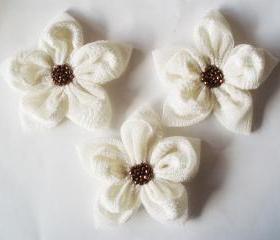 CreamTextured Tulle With Brown Beads Flowers Handmade Appliques Embellishments(3 pcs)
