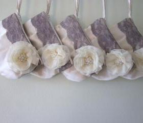 Bridesmaid Clutch / Wristlet clutch with grey lace and ivory stardust brooch - Perfect Bridesmaid Gift