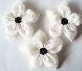 WhiteTextured Tulle With Black Beads Flowers Handmade Appliques Embellishments(3 pcs)