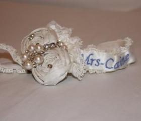 Ivory Garter Set / Bridal Garter - Luxury Rosebud Wedding Garter including embroidered name - Elasticated Bridal Garter