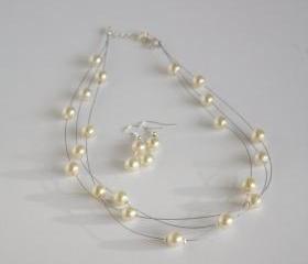 Ivory faux pearl multi strand illusion bridal necklace and earrings set