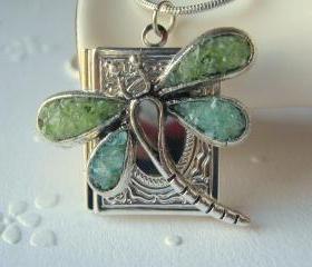 Dragonfly Locket, Book Locket, Silver Square Locket, Locket Jewelry, Stained Glass Locket